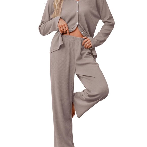 Waffle Knit Pajama Set Long Sleeve Button Up with Pockets Loungewear